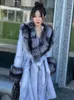 Women's Fur Faux s Real Rabbit Coat Thick Warm Natural Long Jacket Winter CollarCuffs Luxury Belt Fashion 231117