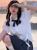 Damen Blusen HOUZHOU Kawaii Shirt Damen Sommer Bogen Rüschen Kurzarm Süß Niedlich Koreanisch Mode Weiß Damen Tops Lolita Solide