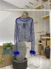 Camicette da donna H80S90 Holiday Women Strass O-Collo Faux Struzzo Manica lunga Bling Mesh Diamente Crystal Camicia Canotta Pullover