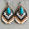 Bohemian Wood Turquoise Teardrop Dangle Earrings For Women Pine Stone Pendant Earrings Western Embossed Pattern Wood Drop Earrings