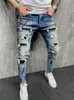 Jeans masculinos jeans skinny homens pintados trechos magros raspados rasgados angustiados joelheiros calças de jeans da marca de calças casuais 230418