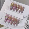 Unghie finte fatte a mano Y2K Unghie finte scintillanti rosa con colla Riutilizzabili Punte di bara di mandorla Stampa di strass su manicure fai da te