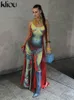 Sukienki swobodne Kliou 3D Body Print Maxi Sukienka Kobieta błyszcząca krawat suchy oszałamiający U-drock Strap Strap Sabe Fembort Styping Hipster Streetwear 230418