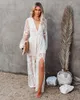 Abiti casual Happie Queens Vintage Donna con scollo a V Manica lunga Ruffles Bohemian Beach Maxi Dress Ladies Chiffon Pizzo Scava fuori Abiti Boho 230418