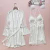 Vêtements de nuit pour femmes manches évasées Kimono Robe ensemble vêtements de nuit Sexy court Satin peignoir Robe décontracté intime Lingerie