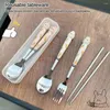 Dinnerware Sets Cutlery Cartoon Spoon Fork Chopsticks With Storage Box Lunch Tableware Stainless Steel Kitchen Accessorie
