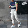 Herrspårar Herrspår 2 -stycken Set Jogger Clothes Stripe 3D Tryckt Kort ärmdräkt Fall Casual TshirtStrousers Outfits Streetwear 230418