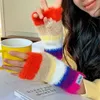 5本の指の手袋冬の虹色のハーフフィンガーグローブミンクフリースソフトウォームストライプぬいぐるみフィンガーリスグローブ女性の長い手首のミトン装飾231118