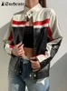 Women's Leather Faux SUCHCUTE Motorcycle Contrast Stripe Print PU Jackets Punk Style O Neck Jacket Zip Up Moto Biker Women Street Clothes 230418