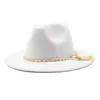 Berets Classic Fedora Hat With Pearl Tassel Chain Woollen Jazz Men and Women Big Brim Fashion Flat Panama