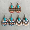 Bohemian Wood Turquoise Teardrop Dangle Earrings For Women Pine Stone Pendant Earrings Western Embossed Pattern Wood Drop Earrings