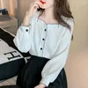 Bloups feminina Blusa branca Mulheres de manga longa Camisa de manga comprida moda coreana moda elegante chiffon square pescop top