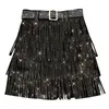 Skirts Women Skirt Fashion Autumn High Waist Belt Multi Layer Short Heavy Drilling Rhinestones Fringed Skirt with Cake A Line 230417