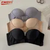 Bras ZMOYI Sexy Front Buckle Gathered Bra Small Chest Half Cup Adjustable Shoulderless Invisible Belt Underwear Women Dropshipping P230417