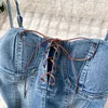 Casual Jurken Mode Streetwear Denim Jurk Spaghetti Cross Lace Up Boog Riem Rits Geplooide Dames Amerikaanse Vintage Mini-jurk 2024