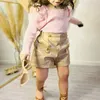 Kleidungssets 1-6 Jahre Kinder Mädchen Sommer Herbst Kleidung Set Baby Puff Langarm Tops mit quadratischem Ausschnitt und kurze Hosen aus PU-Leder Kinder Outfits