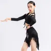 Scene Wear Leopard Latin Dance Topps Girls Fringe kjol Salsa Dancewear Costume Long Sleeve Tango Outfit Samba DL8412