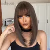 Synthetic Wigs EASIHAIR Short Straight Chestnut Brown Black with Bang Layered Medium Length for Women Daily Heat Resistant 230417