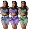 New Designer Mesh Dress Sets for Women Summer Beautiful Sleeveless Crop Top and Mini Skirt Two Piece Denim Print See Through Suits Wholesale Clothes 9734