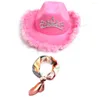 Chapeaux à large bord Chapeau de cow-girl pour femmes avec écharpe carrée Style occidental Tiara Girl Pink Cowboy Cap Costume de vacances Fête