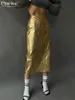 Rokken clacive mode slanke gouden damesrok elegant chic high taille midi rokken streetwear vintage faldas rok vrouwelijke kleding 230417