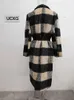 Damen Wollmischungen UCXQ Vintage Schwarz Weiß Plaid Gestreifter Wollmantel Herbst Winter 2023 Eingekerbter, verdickter Damenmantel mit goldenem Knopfgürtel 231117