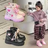 Boots Unishuni Autumn Winter for Girls Pink Ankle Boot Children Fleece Lined LaceUp Casual Shoes Kids PU Leather Rubber Bootie 231117