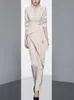 여자 2 피스 팬츠 EST 디자이너 여성 패션 블레이저 2 조각 세트 패치 워크 빈티지 정장 재킷 스트레이트 팬츠 수트 여성 세련된 의상 230417