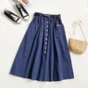 Skirts PEONFLY Autumn Korean Casual Cotton Midi Long Skirt Women Button Pocket Belt A Line High Waist Mid-length Skirt Female 230418