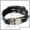 Braccialetti con ciondoli Braccialetti con ciondoli Bracciale in pelle da uomo alla moda Bracciale in pelle Europa Punk Vintage Nero Ampio Skl Scheletro per uomo S Gioielli di moda Dh9Ty