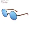 Lunettes de soleil 2020 Ravenisa rétro lunettes de soleil rondes en bois avec lunettes de soleil en bois polarisées pour hommes femmes bleu miroir lunettes Vintage lunettes Q231118