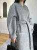 Women's Wool Blends Highend Light Gray Lengthened Xlong Doublesided Woolen And Cashmere Coat Tall Women Collarless Bathrobe Loose Maxi Lace Up 231118