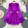 Casual Dresses Spring Autumn Women Purple/Yellow/White Chiffon Dress Vintage V-Neck Flare Long Sleeve Vacation Beach Vestidos Femme New Fashion 2024