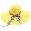 Boinas Jaycosin feminino impressão de leopardo Big Straw Hat Summer Cap Fluppy UV Protect Brim Brim Feminino dobrável Praia