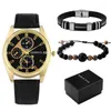 Montres-bracelets Casual Bracelet de mode pour hommes avec bracelet en cuir Montre-bracelet à quartz Cadran déco Bracelet perlé Ensemble cadeau d'anniversaire à l'amant