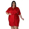 Plus Size Kleider Sommer Halbarm Plissee Hemdkleid Büro Damen Solid Revers Casual Mini Großhandel Drop