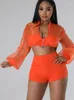 Tracksuits voor dames Haoyuan Tweede stuk set Mesh Sheer Long Sleeve Crop Top en Shorts Sexy Club Outfits 2023 Spring Summer Women Matching Sets