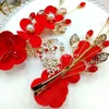 Rött blomma hårklipp enkla pärlkristall hårnålar kvinnor barrette bröllop äktenskap brud huvudbonad hårtillbehör