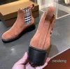 Xadrez retalhos manga retro botas curtas com saia tubo curto botas de salto grosso moda e