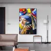 アブストラクトガールとパールイヤリングキャンバス絵画北欧のポスターとプリントリビングルームの家の装飾のための壁アート画像