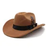 Mannen Western Cowboy Hat With Feather Fuxury Belts Fascinator White Wedding Church Hats Women Elegant Party Jazz Caps