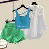 Women's Tracksuits Korean Popular Summer New Style Worn Casual Shorts White Chiffon Shirt Green Vest Bra Three Piece Elegant Women's Shorts Set P230419