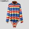 Men's T Shirts Fashion Colorful Striped Romper Tees INCERUN Long Sleeve Turtleneck Bodysuit T-Shirts Man Fitness Sexy Jumpsuit S-5XL