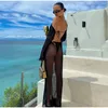 Sexy Sheer Mesh Bikini Cover Up Women Solid Full Sleeve Backless Beach Long Maxi Dress Summer Female Loose Beach Swimsuit