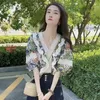 Kvinnor Bluses Women Spring Summer Bohemian Style Shirts Lady Loose V-hal Half Sleeve Flower Printed Blusas Tops ZZ1839