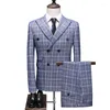 Men's Suits Men's Suit Business Casual Professional Wear 3-piece Blazer Pants Vest Blue Checked Double-breasted