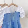 Summer Kids Girls Princess Casual Dress Children Short Sleeve Denim Patchwork Dresses