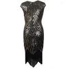 Casual Dresses XS-3XL Kvinnors 1920-tal PESKIN BEADED TASSLES HEM FLAPPER DRESSELESS SILVER TRÅD FRANGE STOR GATSBY Party