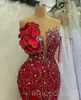 2023 avril Aso Ebi Sirène rouge Prom Dress Crystals Crystals Sexy Soirée Fête formelle Deuxième réception Robes de fiançailles d'anniversaire Robe de Soire ZJ5816