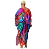 Ethnic Clothing Summer Elegent African Women Long Sleeve V-neck Polyester Printing Dress Maxi Dresses For